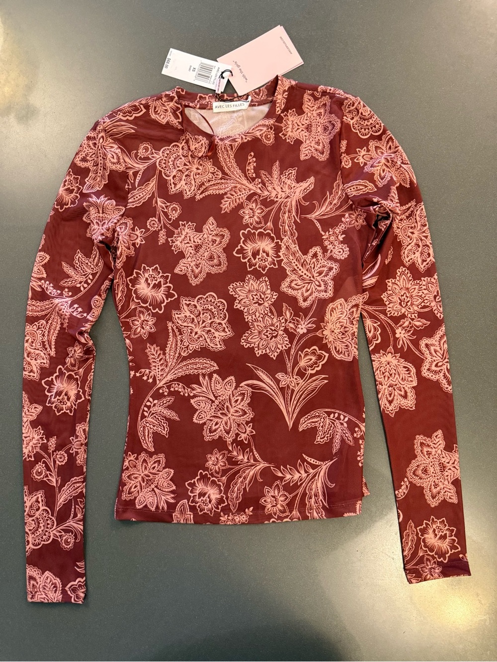 Avec Les Filles Burgundy Long Sleeve Floral Print Top